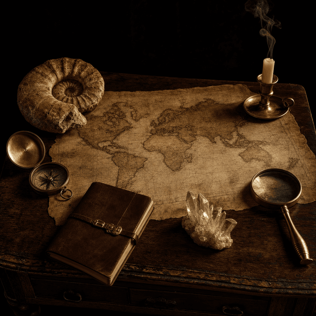 Vintage explorer's desk — antique map, brass compass, ammonite, leather journal, magnifying glass, candle smoke