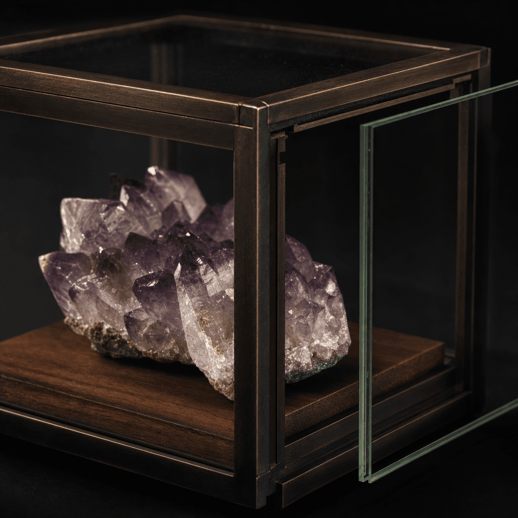 A single 9CUBES module — blackened brass and optical glass — holding an amethyst cluster on a walnut plinth, one panel slid open