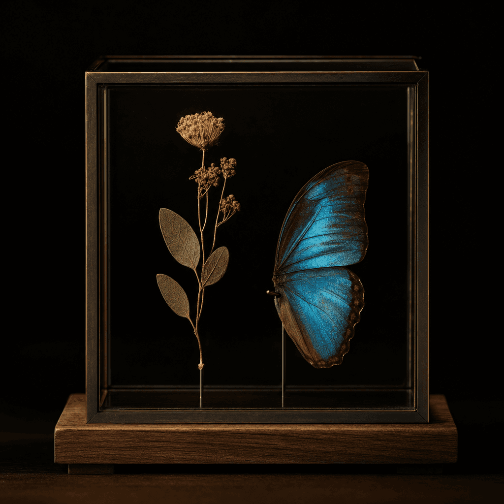 The Bloom — Pressed botanicals and pinned wings, kept beneath glass.
