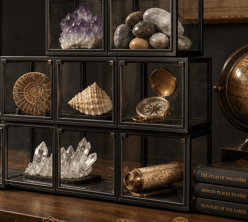 9CUBES modular display set holding minerals, fossils, shells, and brass instruments